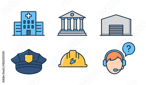 Public services and essential professions flat line icons