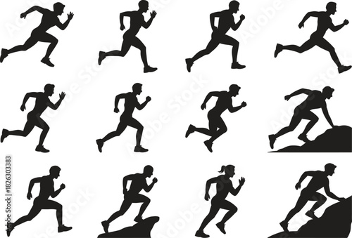 Silhouette Running Figures Icons Set. Athlete, Sports, Motion, Fitness Vector Illustration