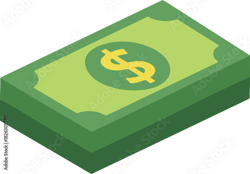 Isometric stack of green banknotes with dollar symbol, representing cash payment, savings, income, and financial success.