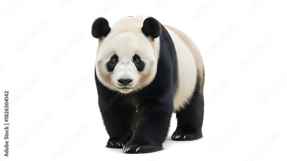 Fototapeta premium A large panda bear walks directly towards the viewer on a white background.