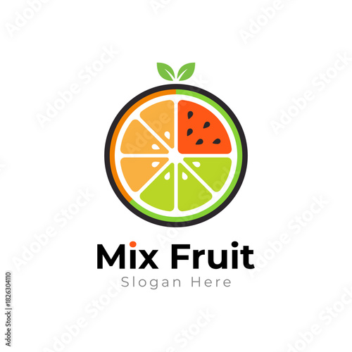 Colorful mixed fruit slice logo combining citrus and watermelon segments. Fresh, modern, minimal design ideal for juice brands, healthy food products, restaurants, and organic lifestyle marketing.