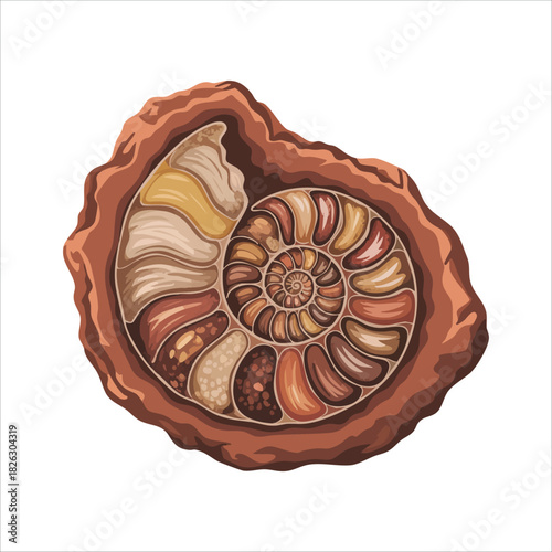 Cartoon prehistoric seashell fossil for paleontology study isolated vector illustration on white background