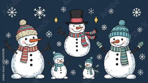 Charming snowmen family with winter hats and scarves celebrating the holidays, bringing festive cheer and warmth to any project with this adorable design