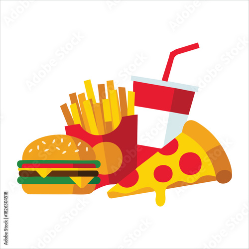 fast food set with burger fries and drink isolated vector illustration on white background