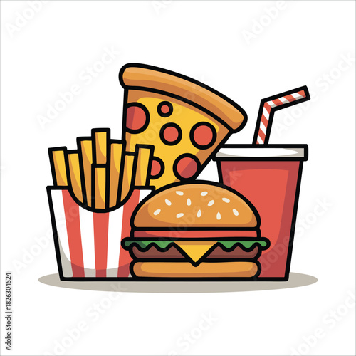 fast food set with burger fries and drink isolated vector illustration on white background