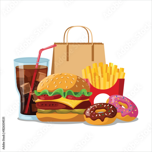 fast food combo with cheeseburger french fries and soda isolated vector illustration on white background