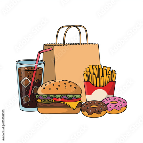 fast food combo with cheeseburger french fries and soda isolated vector illustration on white background
