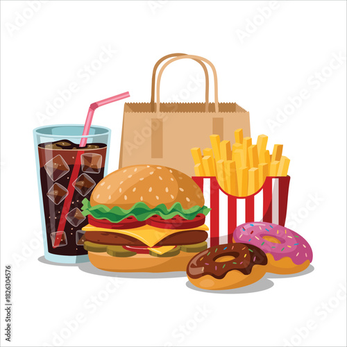 fast food combo with cheeseburger french fries and soda isolated vector illustration on white background