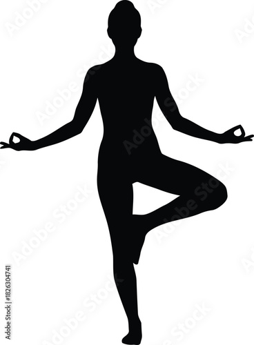 Silhouette of a woman practicing yoga tree pose, demonstrating balance and mindfulness, isolated on