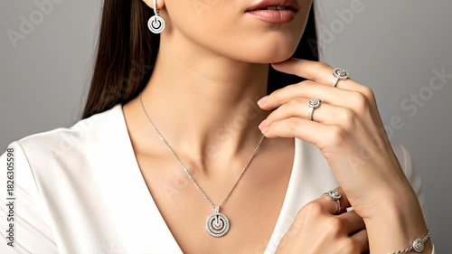 A stylish woman showcases elegant silver jewelry in a serene setting.