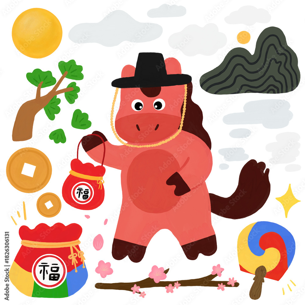 Naklejka premium 2026 새해 신년 붉은 말 과슈 핸드드로잉(2026 happy new year traditional red horse hand drawing) 