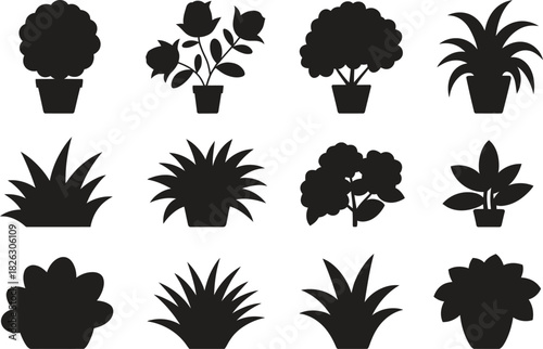 Silhouette Plant Icons Set. Potted Plants, Trees, Shrubs, Greenery Vector Illustration