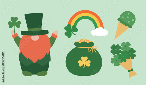 St. Patrick's Day element flat vector illustration collection.
Includes gnome, clover, money bag, rainbow, coins,  ice cream, and bouquet.