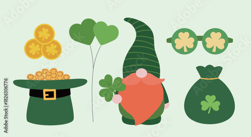 St. Patrick's Day element flat vector illustration collection.
Includes gnome, leprechaun hat, coins,  clover, money bag, balloon and party sunglasses.