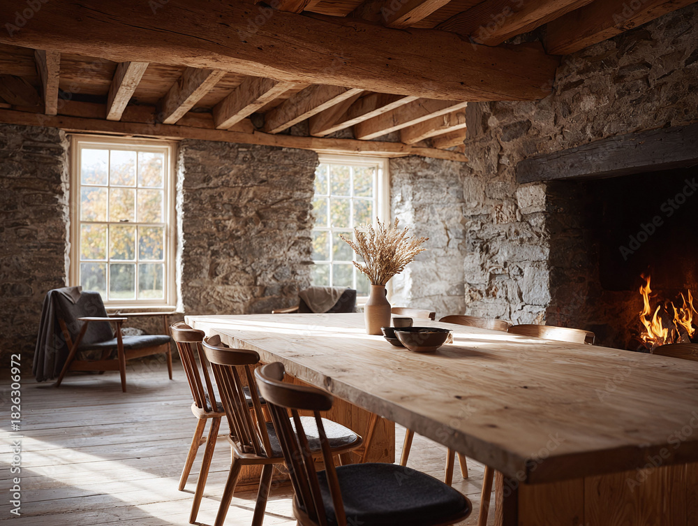 Naklejka premium Cozy rustic interior with stone walls, warm fireplace and natural light. Large wooden table invites gatherings. Use for home, lifestyle, or travel themes.