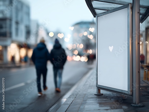 Fototapeta Naklejka Na Ścianę i Meble -  Blank street poster with a small heart icon and a couple walking in soft focus, illustrating Valentine’s Day promotions, romantic season advertising and urban campaign concepts. Cinematic winter tones