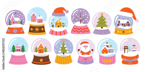 Collection of festive christmas snow globes with winter scenes and characters