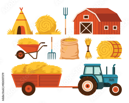 Farm life illustration with tractor barn hay bales and tools