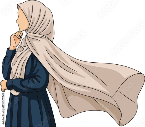 Thoughtful muslim woman wearing a flowing beige hijab and a blue dress, looking to the side, isolated on