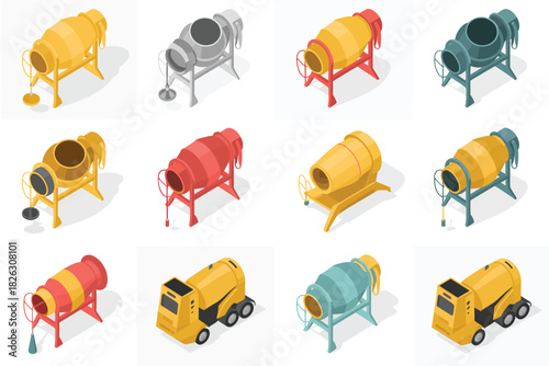 Collection of isometric concrete mixers in various colors and styles