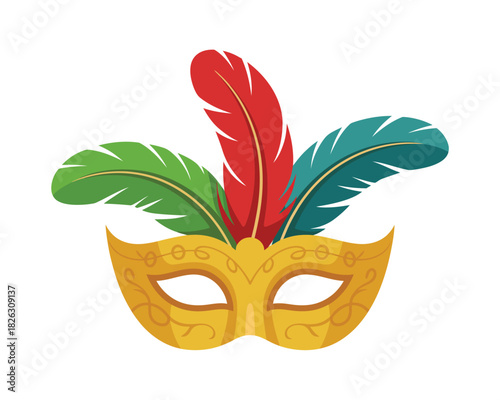 Golden venetian masquerade mask with colorful feathers festive celebration