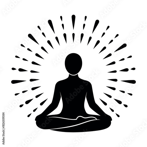 Minimalist vector silhouette of a person meditating in lotus position isolated on white background