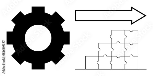 Process concept. Gear, arrow, and puzzle blocks process optimization, structured planning, and progress. Process enhancing problem-solving and business efficiency. Ideal for engineering, workflow