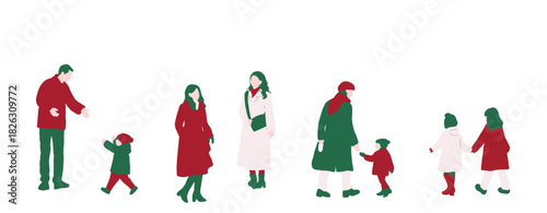 クリスマスの人々　表情無し　フラットイラスト　クリスマスカラー