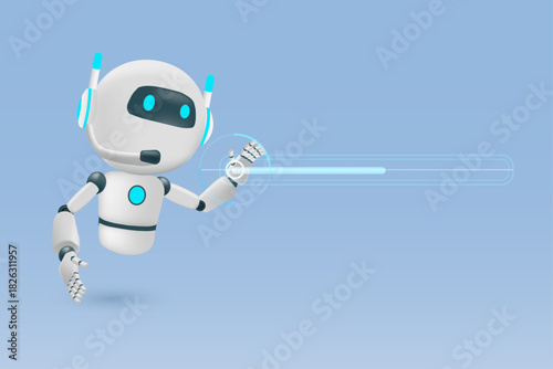 3D AI chatbot robot pressing digital interface button on blue background. Concept of artificial intelligence, customer support, automation, virtual assistant and smart technology service.