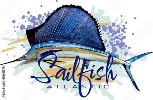 Atlantic Sailfish Vector Illustration. Big Game Fishing Graphic with Grunge Splatter Background for T-shirt Print.