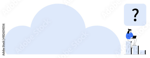 Woman sitting on file folders using laptop, large cloud in background, question mark symbol. Ideal for technology, cloud computing, decision-making, business process, data management, digital