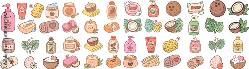 Colorful vector collection of various bath and body products including soaps, shampoos, and lotions in a whimsical doodle style perfect for branding and personal care promotions
