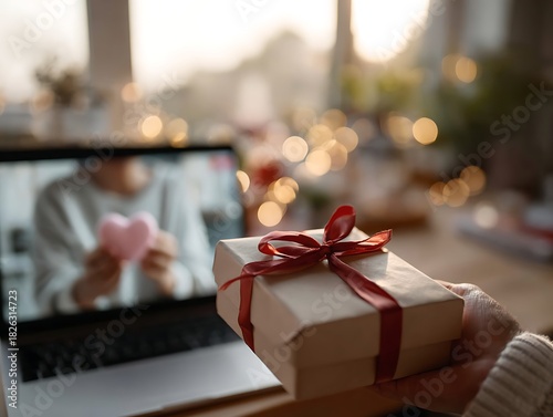 Gift wrapped with a red ribbon held during a video call, with a heart symbol on screen, illustrating long-distance Valentine’s Day celebrations and digital romance. Cinematic realism