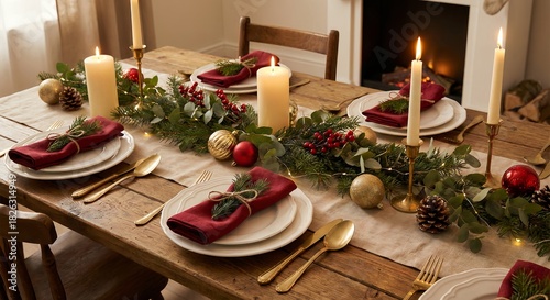 Cozy Christmas Dinner Table Setting with Candles and Decorations
