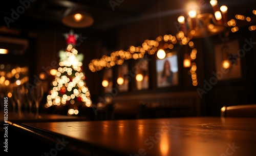 Blur bokeh reflection light on table in pub or bar club and restaurant christmas party and celebrate at dark night for display product in brown tone background christmas background christmas holiday b