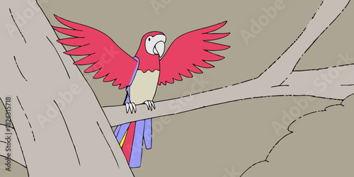 A Scarlet Macaw perched on a branch, wings slightly spread to display its vibrant red, blue, and yellow feathers, against a simple gradient background.