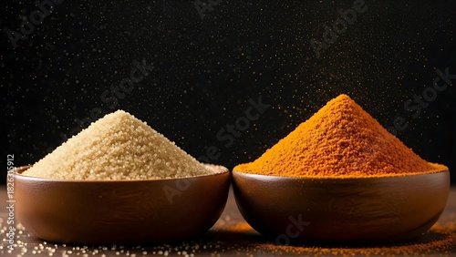 Fototapeta Naklejka Na Ścianę i Meble -  Vibrant orange spice and beige powder mounded in wooden bowls, set against a dark, moody background.