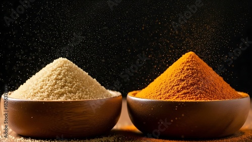 Fototapeta Naklejka Na Ścianę i Meble -  Vibrant orange spice and beige powder mounded in wooden bowls, set against a dark, moody background.