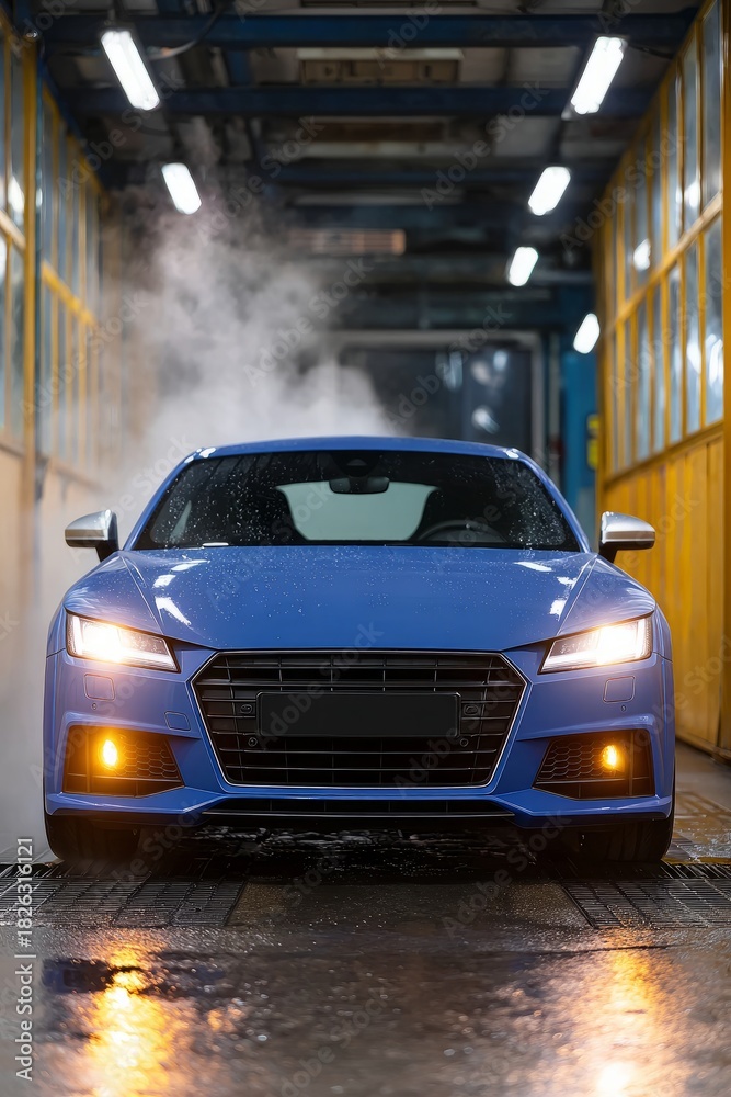 Obraz premium Blue sports car in a car wash with steam around.