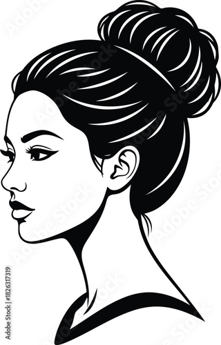 Beautiful womans profile with an elegant bun hairstyle, a monochrome vector illustration for beauty and style concepts