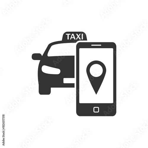 Calling a taxi online graphic icon. Smartphone with location mark and taxi car. Sign isolated on white background. Vector illustration