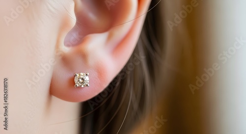 A close up shot of a woman's ear with a sparkling diamond earring stud in the lobe piercing