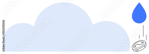 Large cloud with blue droplet turning into a coin symbolizes cloud computing benefits, cost efficiency, and innovation. Ideal for finance, sustainability, digitalization, investment, technology