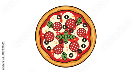 Delicious Cartoon Pepperoni Pizza Illustration with Mozzarella Cheese, Olives, and Fresh Basil on a Classic Red Sauce Base - Perfect Vector Graphic for Menus, Food Blogs, and Stickers