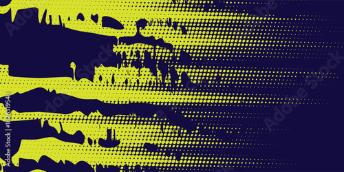 Yellow and blue halftone banner design template with abstract speed lines and dots. Illustration