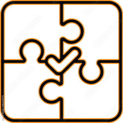 Four puzzle pieces connected with a check mark inside