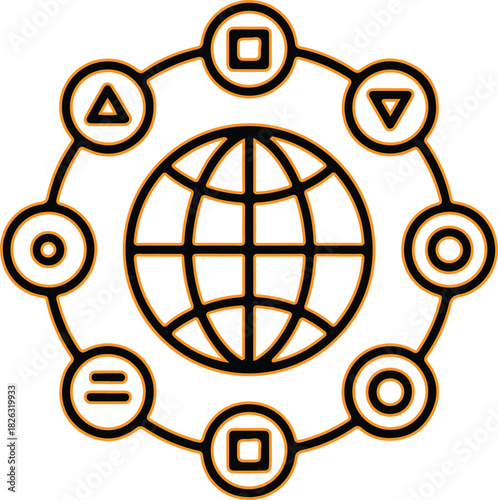 Global network of diverse symbols connected around a central earth globe