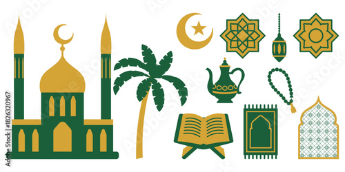 Set of Islamic flat icons Classic green, golden colors featuring mosque, lantern, crescent moon star, eight-pointed star, palm tree, Quran, prayer rug Perfect for Ramadan, Eid Islamic culture projects
