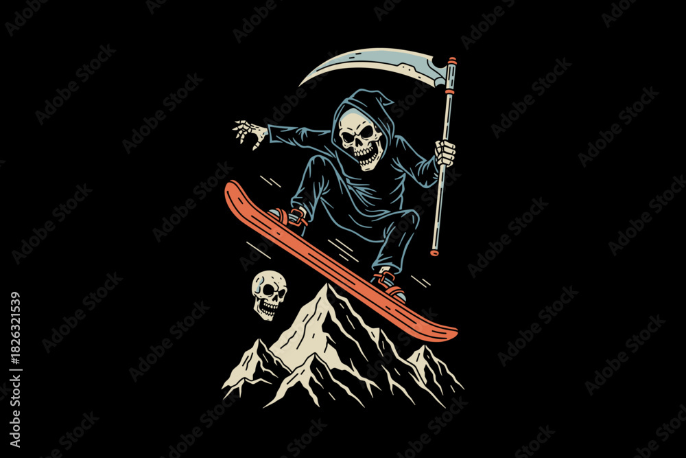Fototapeta premium Grim Reaper Snowboarding Extreme Sport Adventure.