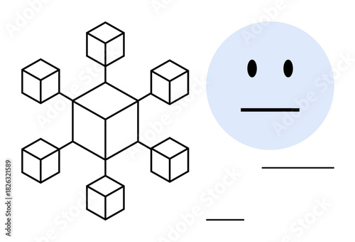 Cube-based network interconnected system alongside a neutral face. Ideal for data integrity, digital interaction, decentralized networks, blockchain, emotion abstraction, technology-human